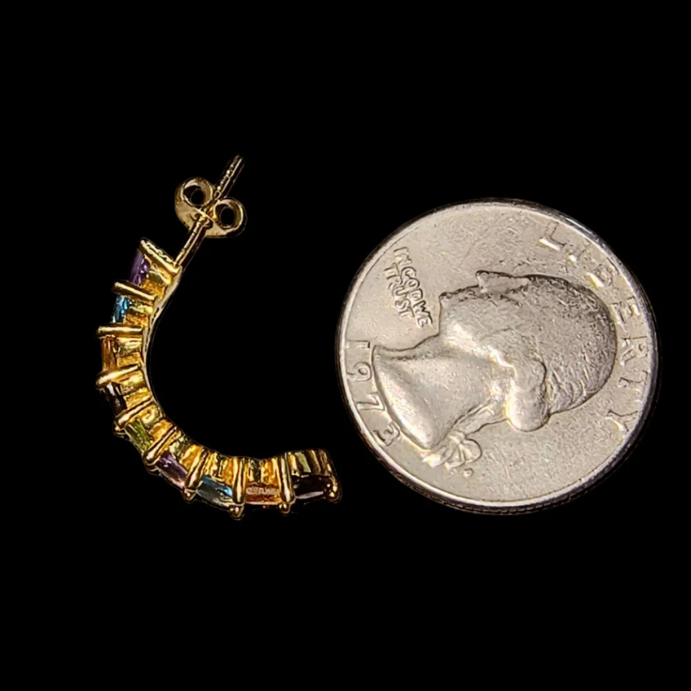 Multi Gemstone & 18K Gold Vermeil Sterling Silver Half Hoop Earrings Brand New